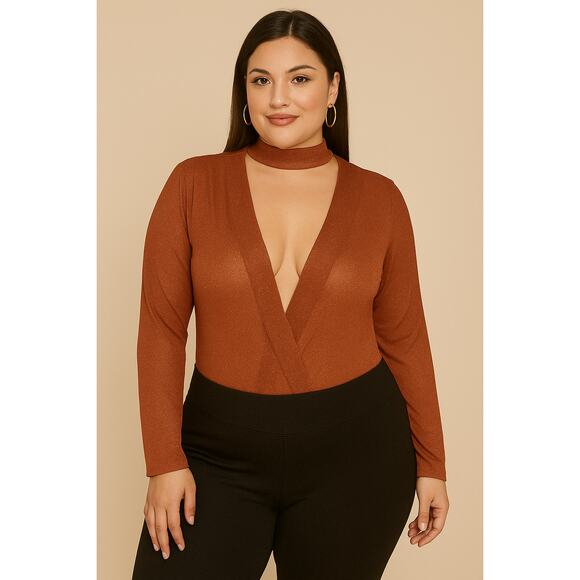 Shein Curve Deep V Neck Shimmer Bodysuit Brown 1X | Plus Size Glam Festival Top - Picture 1 of 7